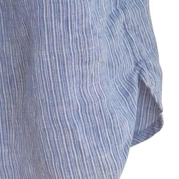 Charter Club Linen Peasant Blouse Top Striped Blue Bell Sleeves Mini Pom Poms XL - Picture 7 of 11